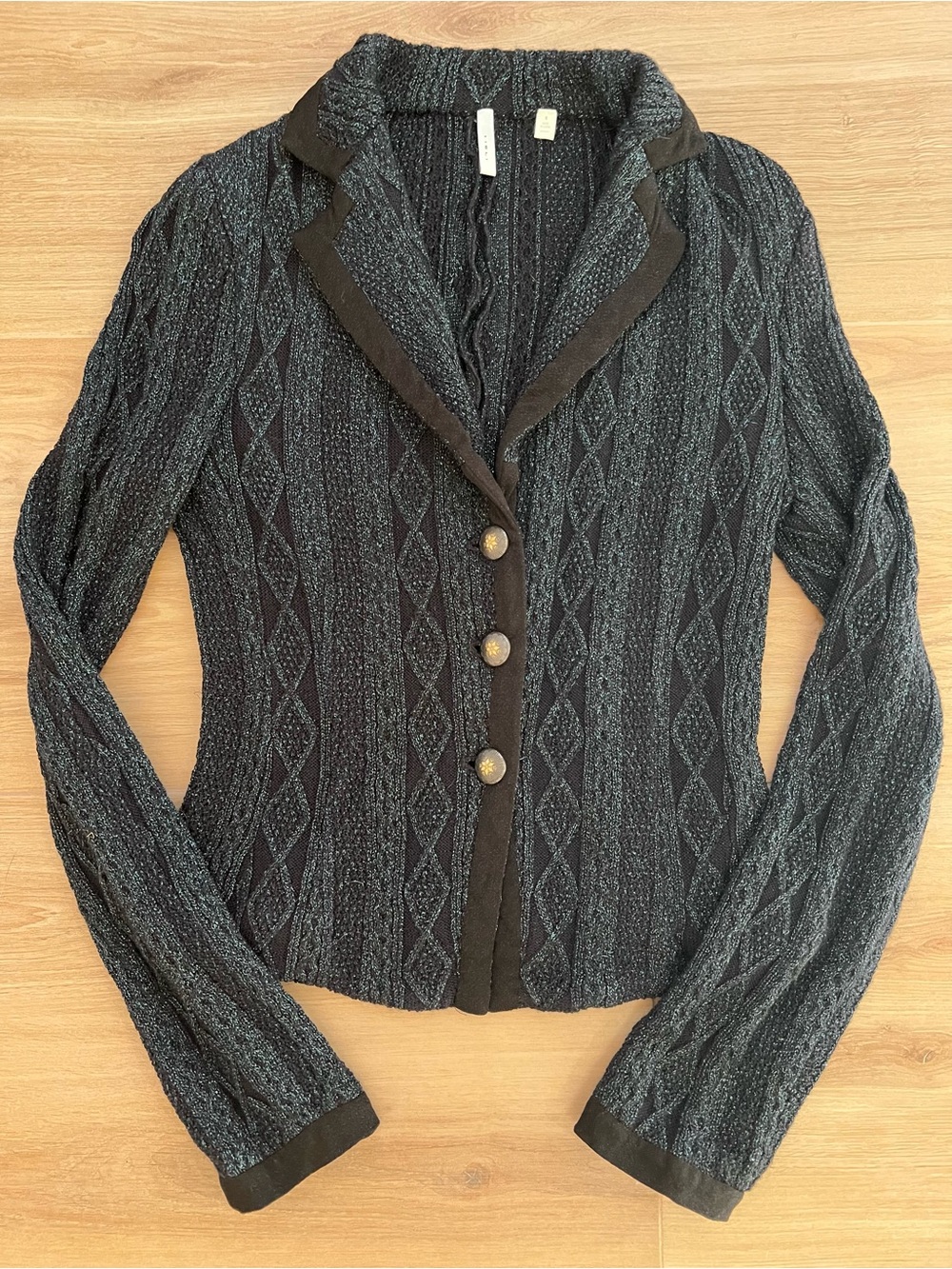 IISLI New York Y2K Black Metallic Blue Cable Knit Sweater Blazer Jacket Size 8